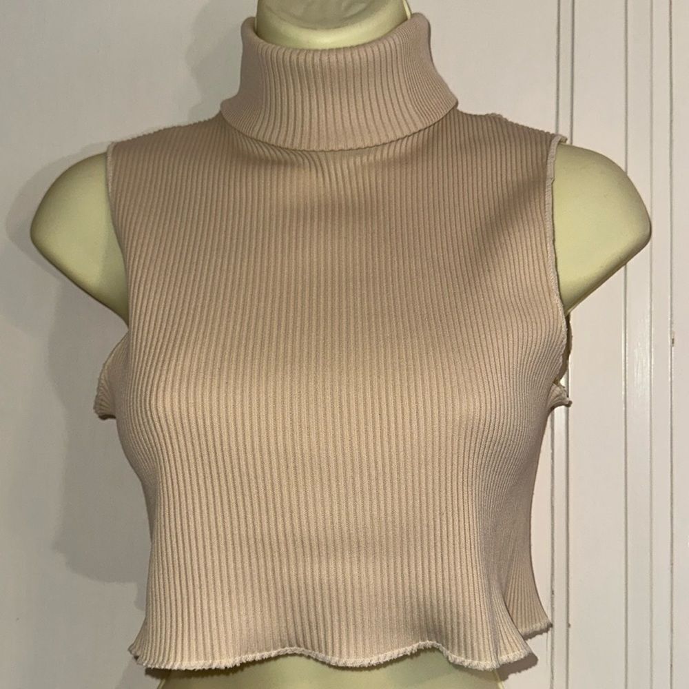 Vtg light tan polyester nylon ribbed turtleneck dickie layer top zip‎ up back